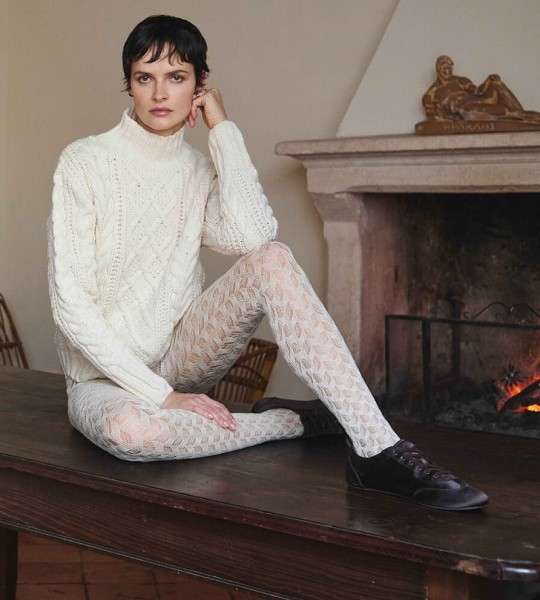 Trasparenze - Warm openwork winter tights with wool and leaves pattern