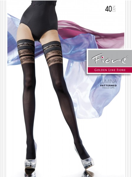 Fiore - Opaque hold ups with semi sheer floral pattern lace top 40 denier